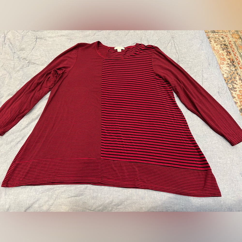 Coldwater Creek Cranberry/Black Striped Round Neck Top Long Sleeve Size 1X
